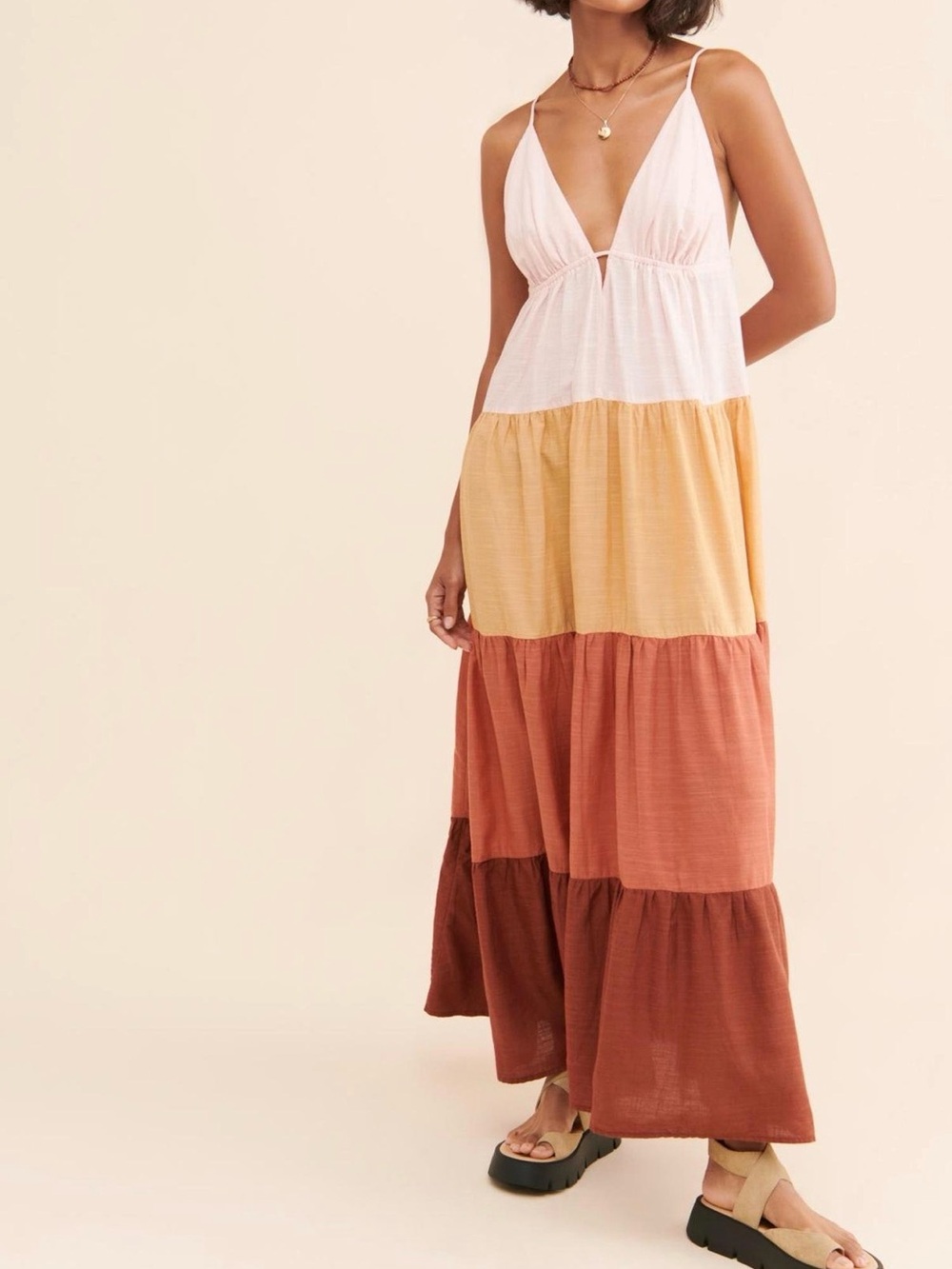 Anthropologie Tiered Maxi Dress in White, Yellow, Rust, Brown
